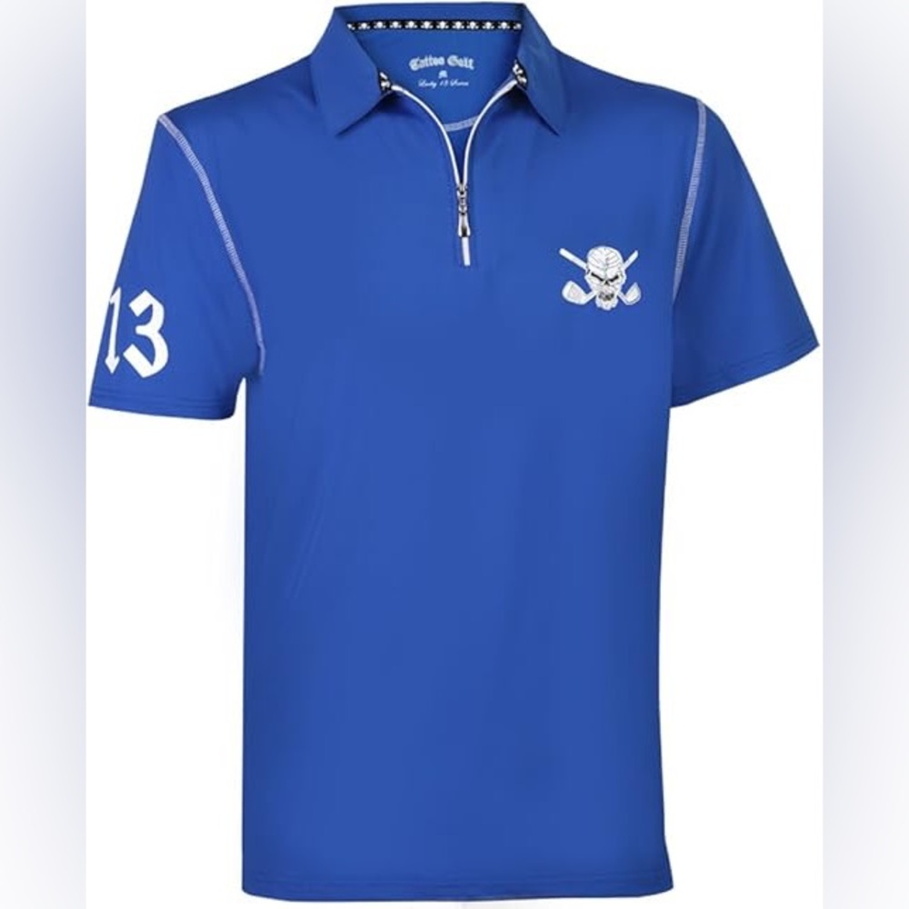 Tattoo Golf Lucky 13 royal blue Hybrid Cool-Stretch Men's Golf Shirt size XL